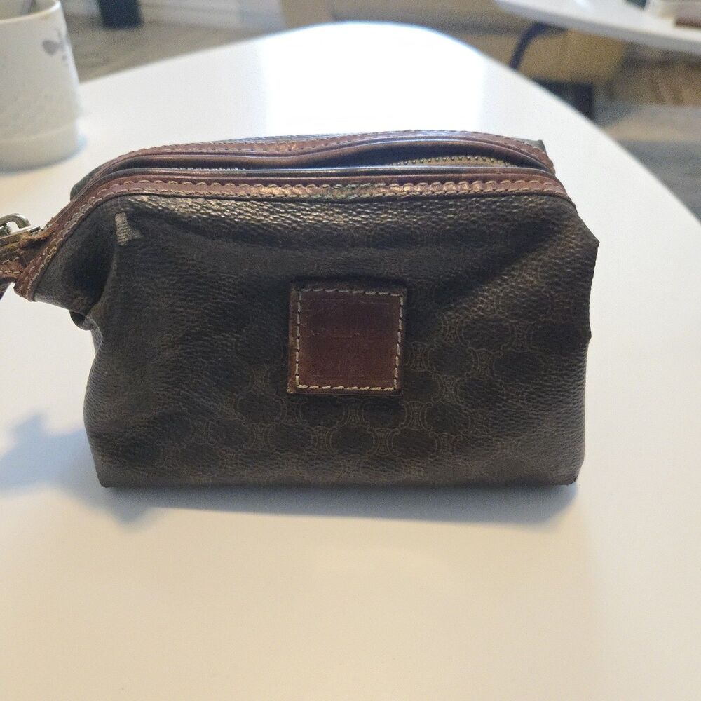 CELINE Old Vintage Pouch PVC Leather Cosmetic Bag Authentic Brown - Picture 8 of 16